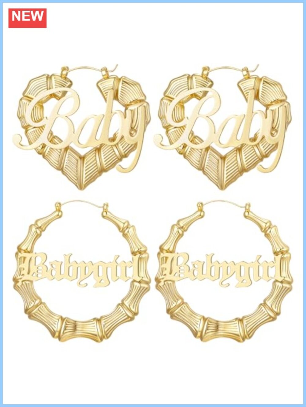 18K Gold Plated Bamboo Hoop Earrings Stainless Steel Snap Back Large Round Heart